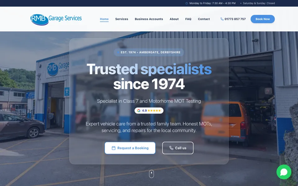 The RMB Garage Services website homepage