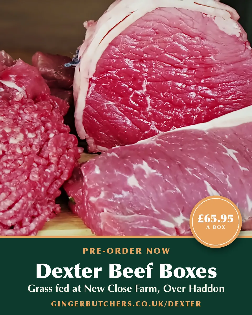 Ginger Butchers Dexter beef box post: marbled raw beef with a price badge and "Pre-order now".