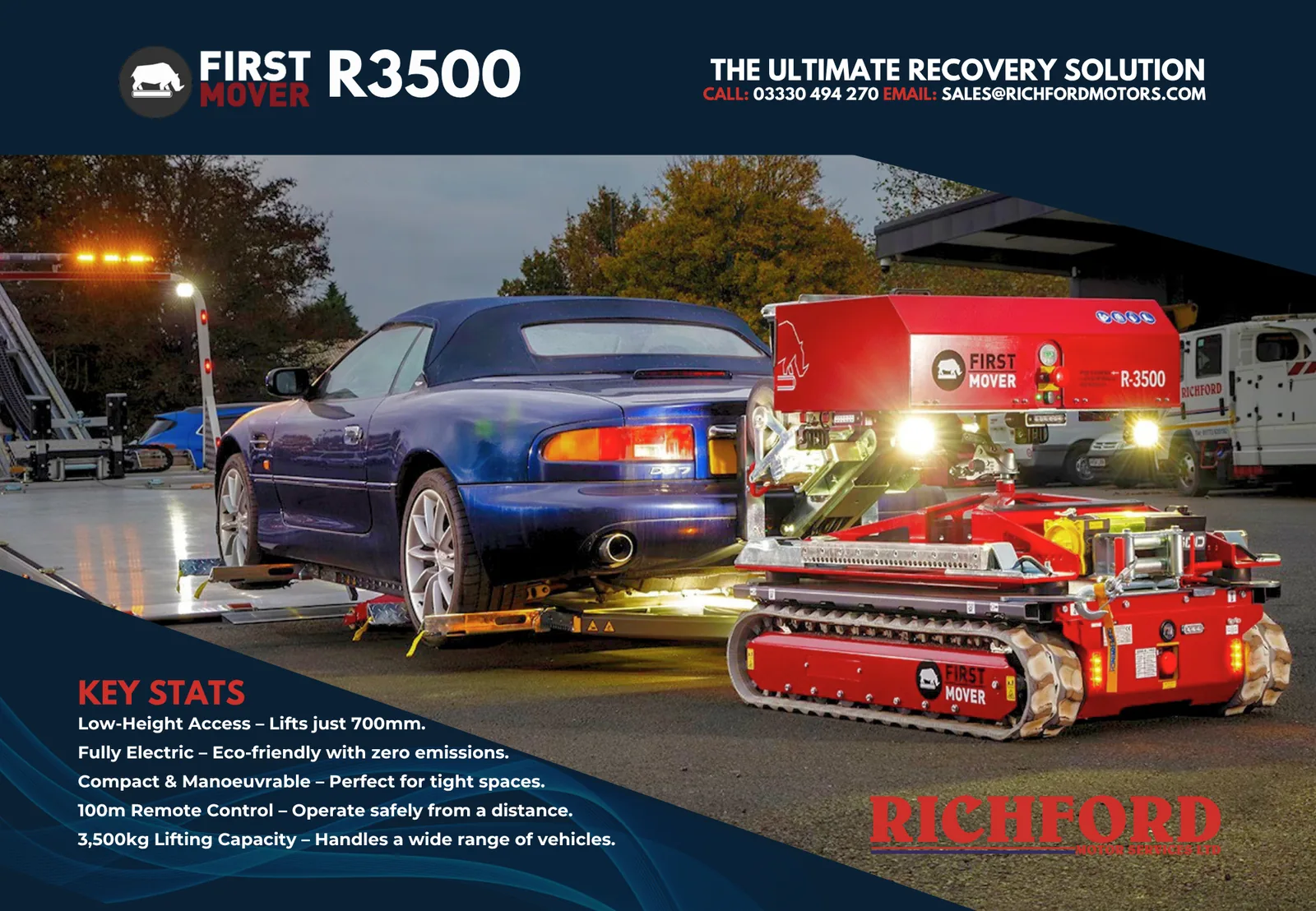 Richford trade magazine advert for the First Mover R3500 remote-controlled recovery unit, with key stats.
