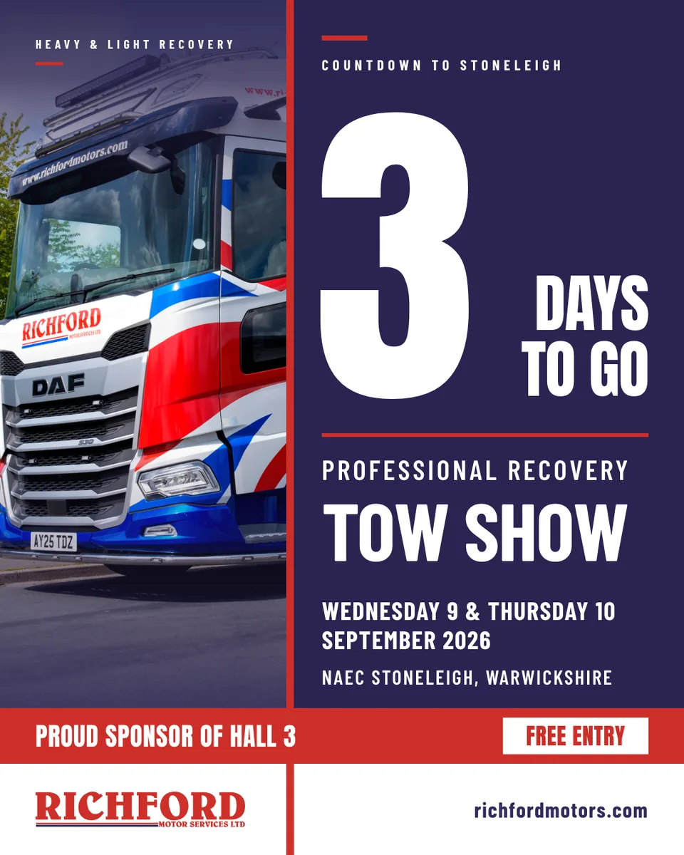 Richford Tow Show countdown post: a Union Jack liveried recovery truck beside a big "3 days to go" in white on navy.