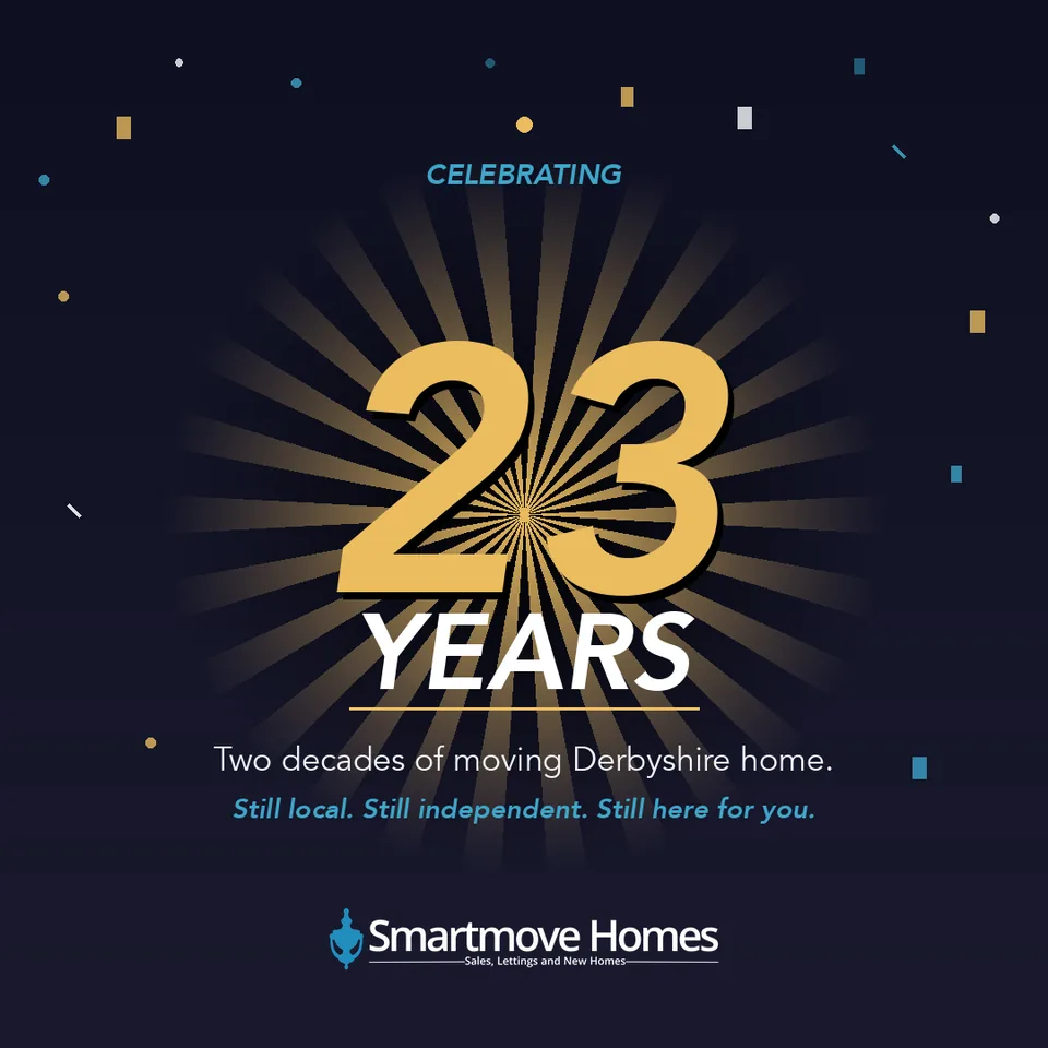 Smartmove Homes anniversary post with a gold "23 years" on navy and "Two decades of moving Derbyshire home".