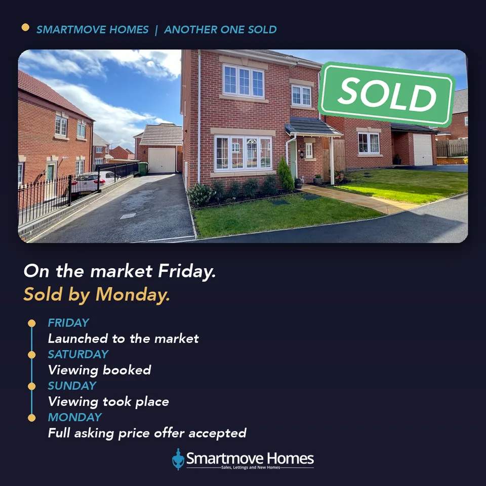 Smartmove Homes sold post: a new-build house with a SOLD badge and "On the market Friday. Sold by Monday."