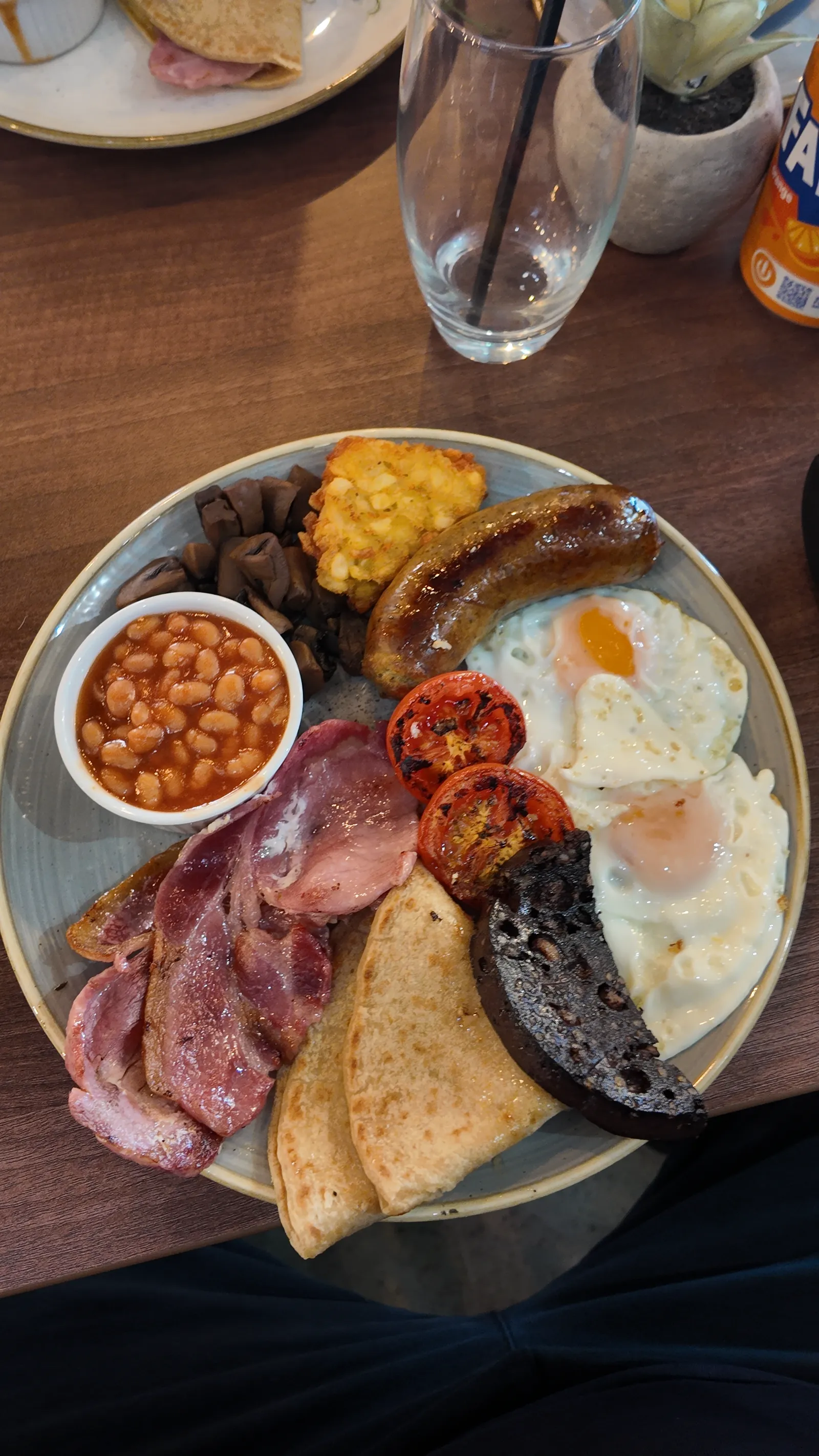 A full English breakfast shot from above in the café
