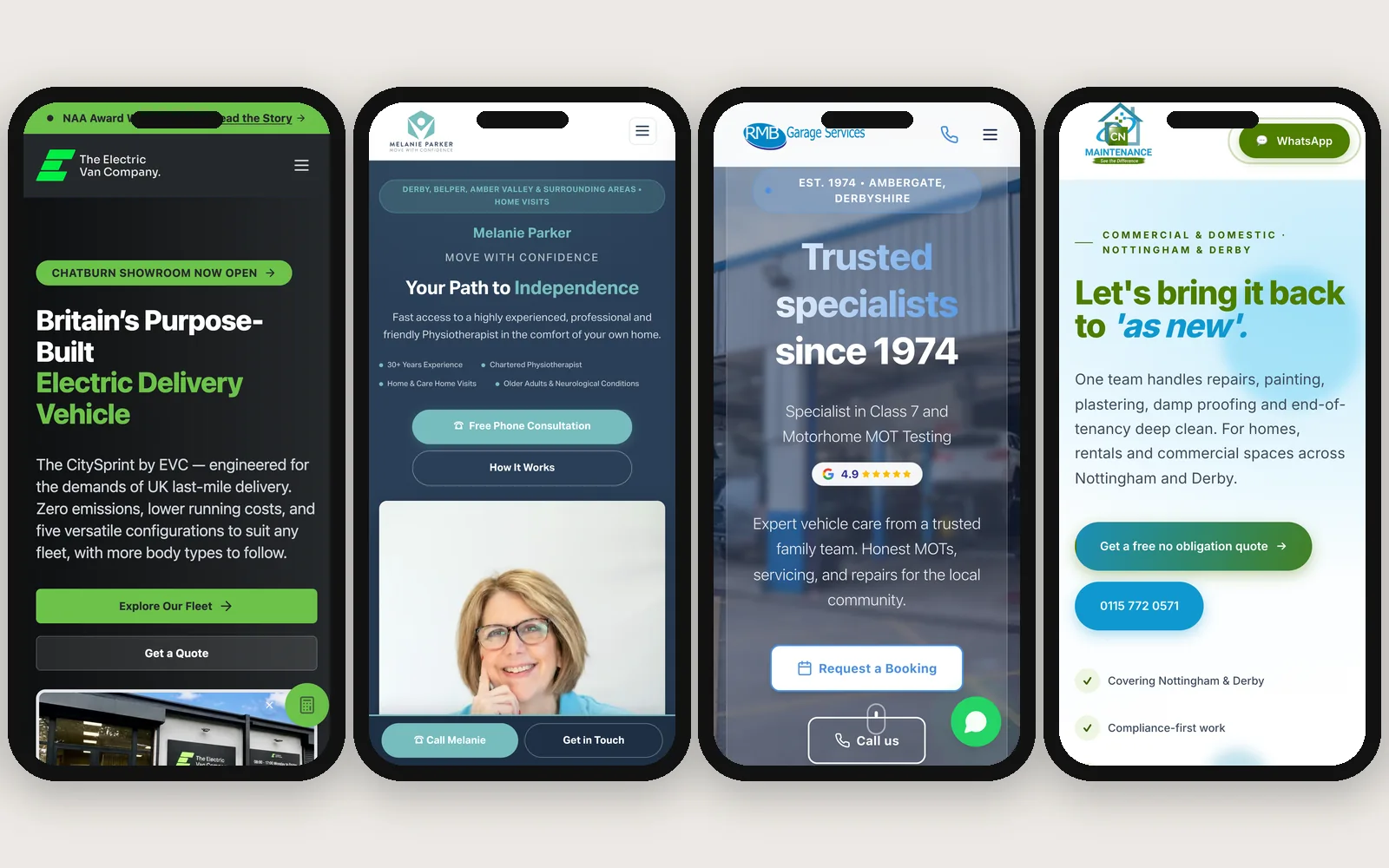Four client websites on phones side by side: The Electric Van Co, Melanie Parker Physiotherapy, RMB Garage Services and CN Maintenance.