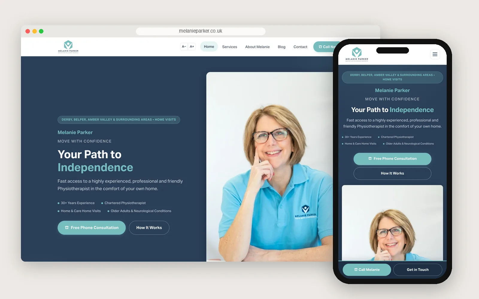 The Melanie Parker Physiotherapy website on a laptop and a phone, headed "Your path to independence".