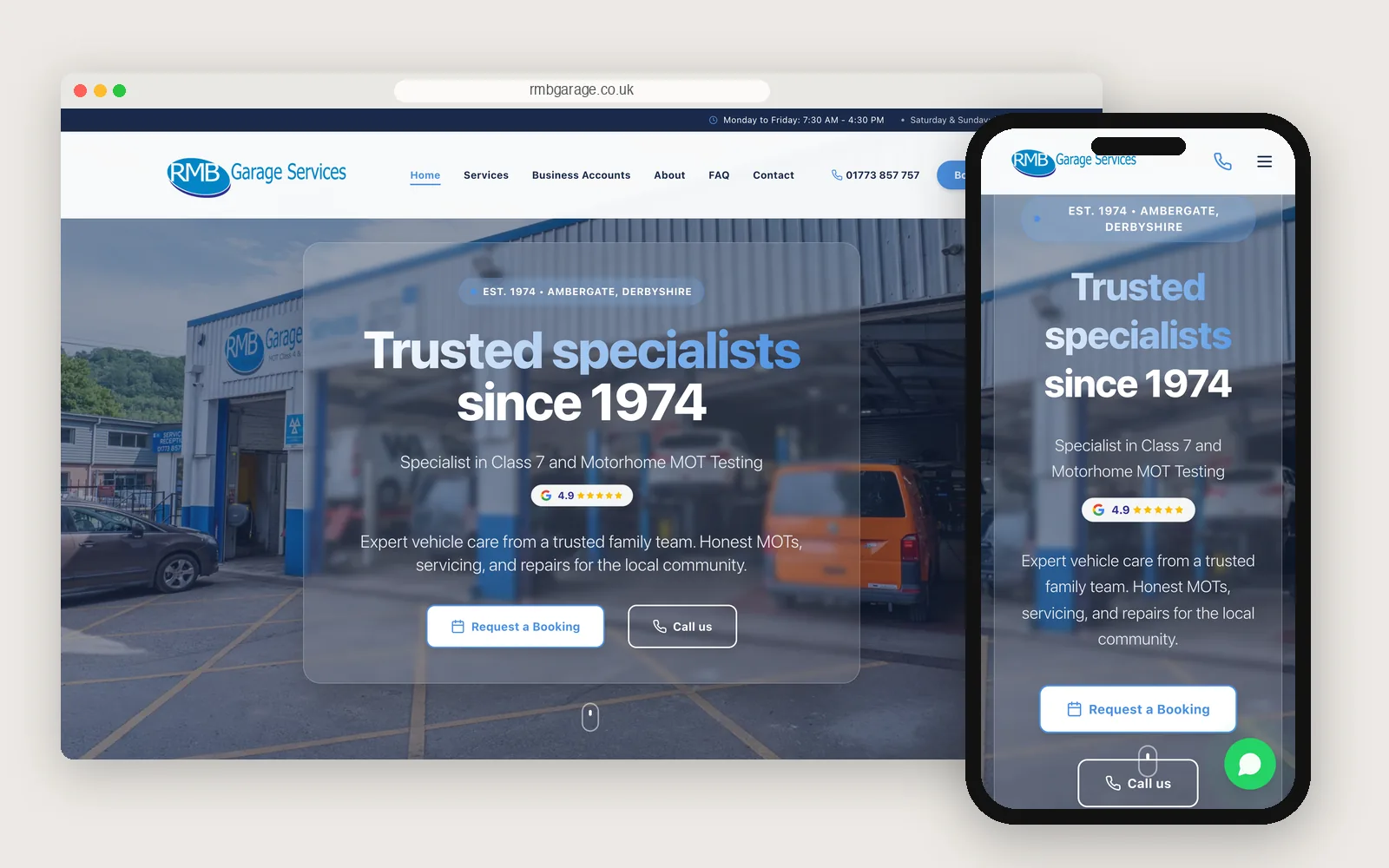 The RMB Garage Services website on a laptop and a phone, headed "Trusted specialists since 1974".