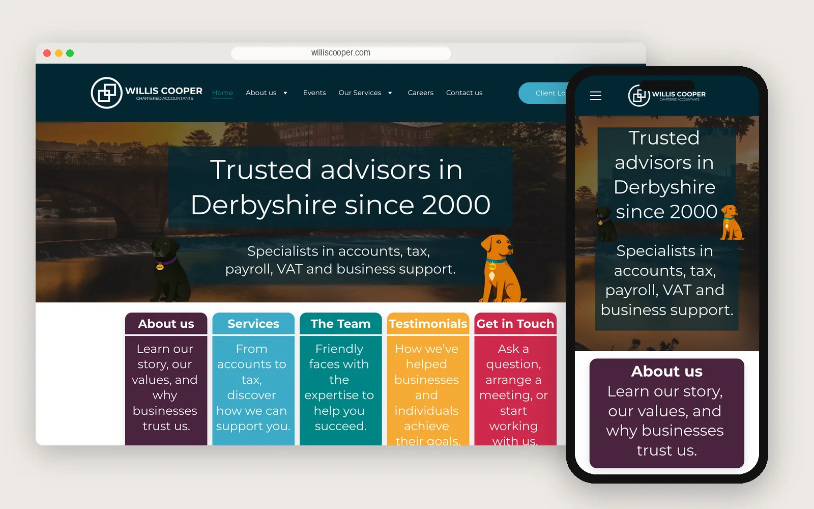 The Willis Cooper website on a laptop and a phone, headed "Trusted advisors in Derbyshire since 2000".